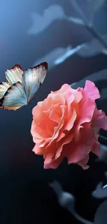 Butterfly perched on a vibrant pink rose with a blue background.