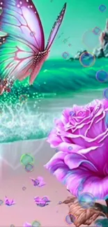 Fantasy wallpaper with butterfly and rose on beach.