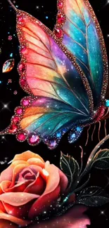 Vibrant butterfly and rose with cosmic theme.