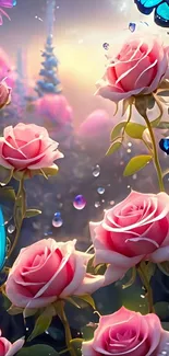 Fantasy wallpaper with roses and butterflies in a dreamlike setting.