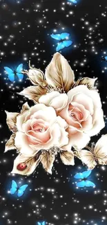 Vibrant blue butterflies and roses wallpaper on a starry black background.