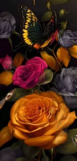 Vibrant mobile wallpaper with roses and butterflies on a dark background.