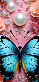 Vibrant butterfly with roses and jewels mobile wallpaper.