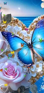 Blue butterfly with pink roses on a sea-inspired background.