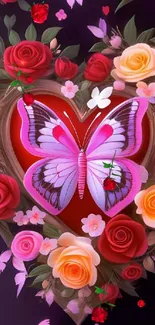 Vibrant butterfly surrounded by heart-shaped roses.