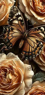 Butterfly resting on orange roses, artistic wallpaper.