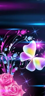 Vibrant wallpaper with glowing butterfly and roses on a starry night background.