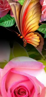 Vibrant butterfly on pink roses wallpaper.