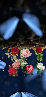 Blue butterflies and vibrant roses on a dark background.