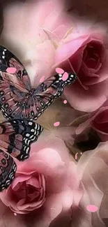 Butterflies resting on pink roses, soft and dreamy background.