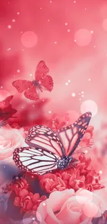 Pink butterfly and roses mobile wallpaper with dreamy background.