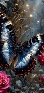 A vibrant butterfly resting on roses in a magical setting.