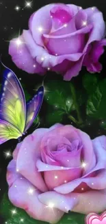 Mobile wallpaper with pink roses and a vibrant butterfly.