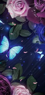 Blue butterflies and roses wallpaper with vibrant colors and a dreamy night theme.