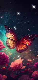 Vibrant butterfly among roses against a starry night sky background.