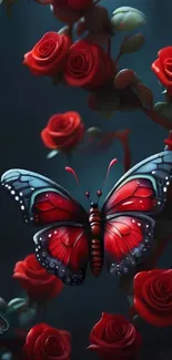 Vibrant butterfly resting on lush red roses.