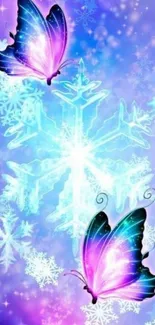 Colorful butterfly and snowflake wallpaper in purple and blue hues.