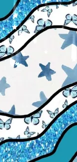 Blue waves with butterflies and stars wallpaper.