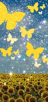 Yellow butterflies fluttering over a sunflower field under a starry sky.