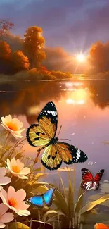 Butterflies flutter by a serene lakeside at sunset, surrounded by flowers.