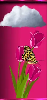 Butterfly on tulips with a cloud, pink wallpaper.