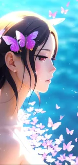 Anime girl with butterflies and blue background wallpaper.