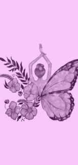 Woman with butterfly wings on light pink background.