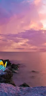 Butterfly resting on rocks by the ocean at sunset with a pink and purple sky.