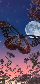 Butterfly silhouette under a moonlit sky with colorful horizon.