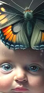 Baby with butterfly on forehead, artistic mobile wallpaper.