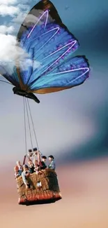 Butterfly-winged balloon with people, soaring in a dreamy sky.