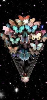 Butterfly hot air balloon against starry sky wallpaper.