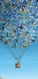 Hot air balloon with butterflies against blue sky.