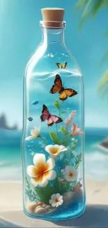 Butterflies and flowers in a bottle at a serene beach backdrop.