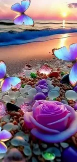 Butterflies flutter over beach at sunset with purple rose and stones.