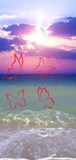 Mobile wallpaper with butterflies, beach, and sunset.