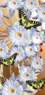 Delicate butterflies soar over vibrant daisies, creating a serene visual on this wallpaper.