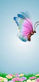 A vibrant butterfly with colorful wings on a serene sky background with flowers.