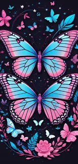 Vibrant pink and blue butterfly wallpaper on dark background.