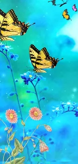 Colorful butterflies amidst vibrant blue flowers on a serene background.