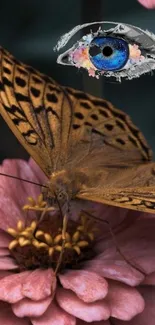 Butterfly resting on a pink flower with a surreal eye design above.