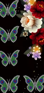 Colorful butterfly and floral design on a black background.