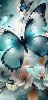 Elegant wallpaper with butterflies and flowers in teal hues.