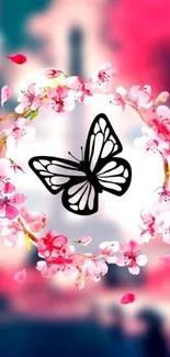 Mobile wallpaper of butterfly and cherry blossoms in pink tones.