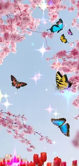 Colorful butterflies with cherry blossoms under a light blue sky.