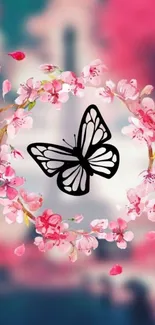 Butterfly and pink blossoms wallpaper for mobile.