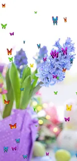 Purple hyacinths and butterflies in a colorful, vibrant mobile wallpaper.