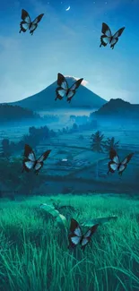 Butterflies flying over blue mountain with serene landscape.