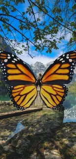 Butterfly over a serene mountain lake.