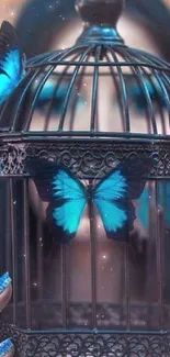 Vibrant blue butterflies on a rustic cage.